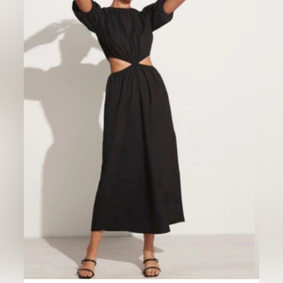 Faithfull the Brand Black Cut-Out Midi Dress puff sleeves size 4 EUC - Picture 1 of 8